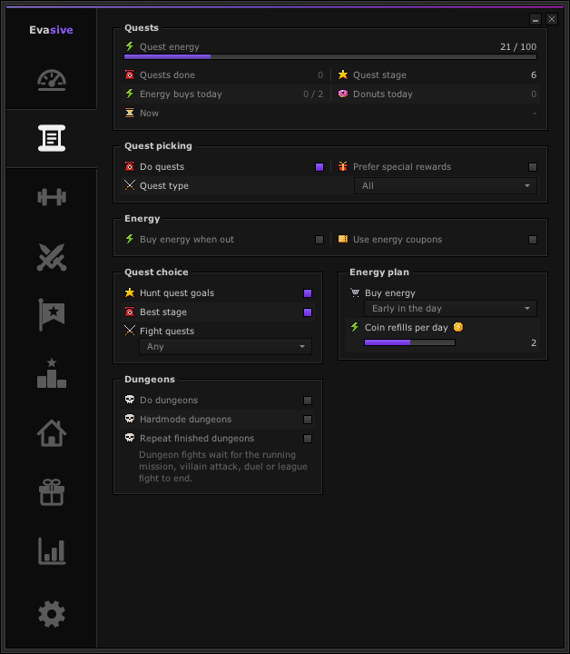 The Evasive app on its Quests tab: quest energy 21 of 100, quest picking, energy settings, quest choice and dungeons